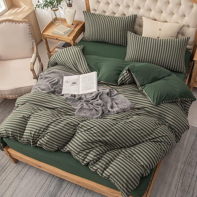 PURE ERA Jersey Knit Duvet Cover Set 100% T-Shirt Heather Cotton Super Soft Comfy Classic Striped Design, with Zipper Closure, Forest Green Stripe, Cal King