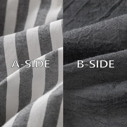 Reversible Duvet Cover Set 100% Washed Cotton Dark Grey Stripe Linen Feel Duvet Cover Queen Size with Zipper Closure & 2 Pillow Shams,Dark Grey/White Stripe Reverse Solid Dark Grey