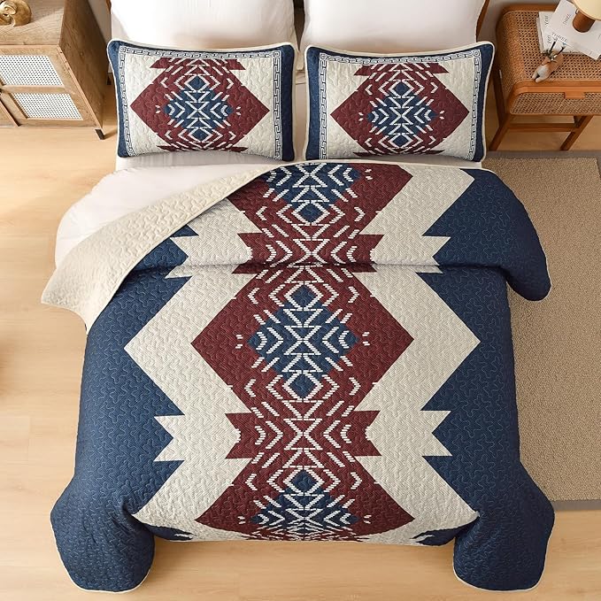 Dintszyayue Blue and Red Quilt Set King Size Boho,3 Piece Aztec Texture Bedspread Coverlet Set Soft Lightweight Bedding Set Geometric Bohemian Bedspread with 2 Pillowcases(Blue Red,90"x103")