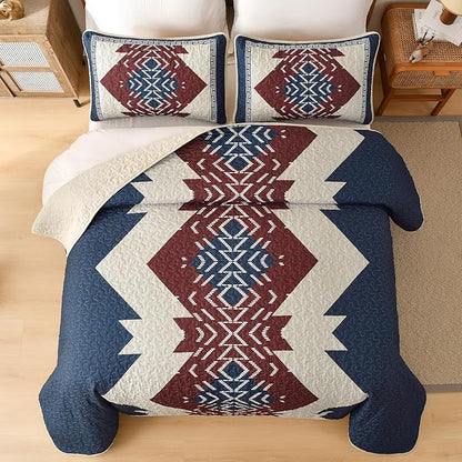 Dintszyayue Queen Quilt Set 3 Piece Boho Aztec Texture Bedspread Coverlet Set Blue and Red Quilt Reversible Lightweight Bedding Set Geometric Bohemian Bed Cover with 2 Pillowcases(Blue Red,90"x96")
