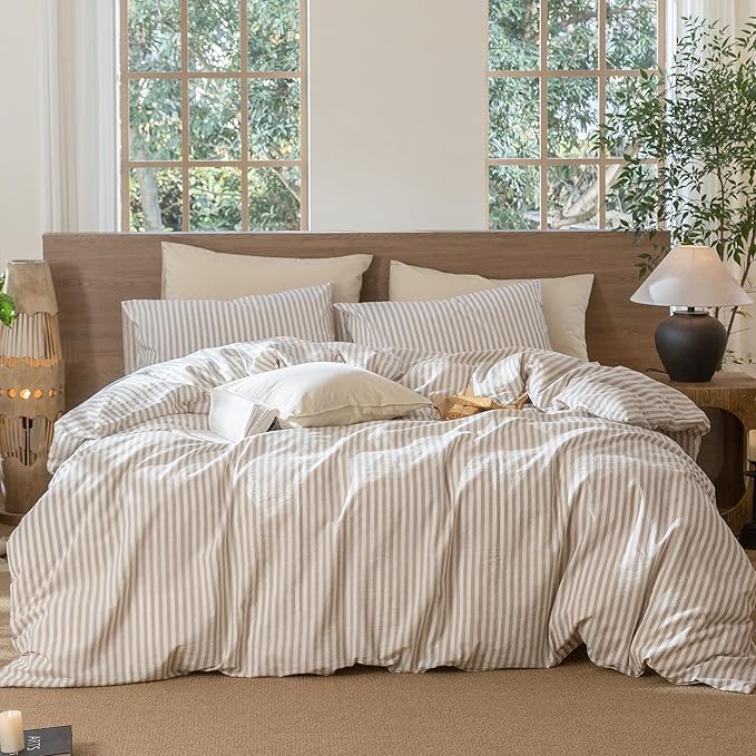 MooMee Striped Duvet Cover Set 100% Washed Cotton Linen Like Textured Breathable Durable Soft Comfy (Tannish Linen Grey White Classic Stripes, Palatial King/Oversized King 120"x98")
