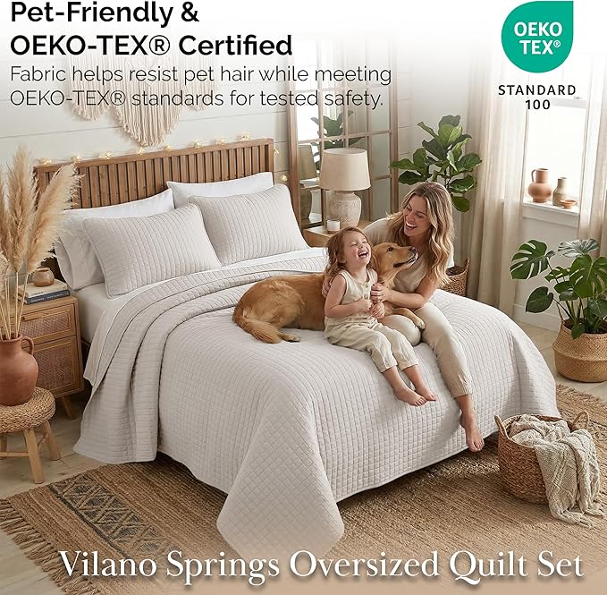 Southshore Fine Living, Inc. Twin Quilt Bedding Set, Microfiber Quilt Comforter, XL Twin Bedspread Coverlet, Pet Hair Resistant Bedding Set, Natural Beige Bedspread with Matching Pillow Sham, Bone