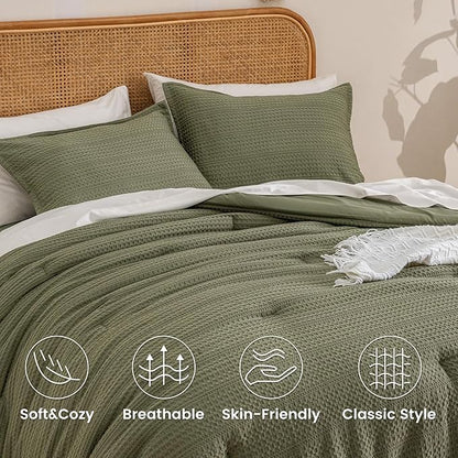 PHF Soft Waffle Comforter Set Queen Size- Comfy Breathable Waffle Weave Comforter with 2 Pillow Shams, 3 Pieces Less Snagging Lightweight Textured Bedding Set for All Season, Olive Green