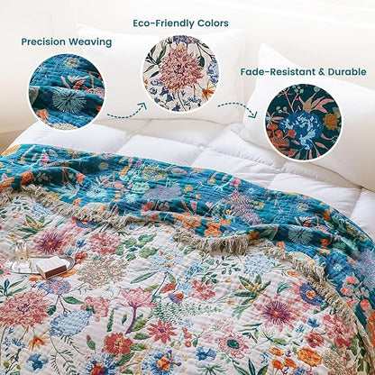 MSGKV Boho Throw Blanket 60"x80" Bed Floral 100% Cotton Blanket Spring Breathable Lightweight Farmhouse Twin Size Couch Blankets Home Decor Muslin Guaze All Seasons