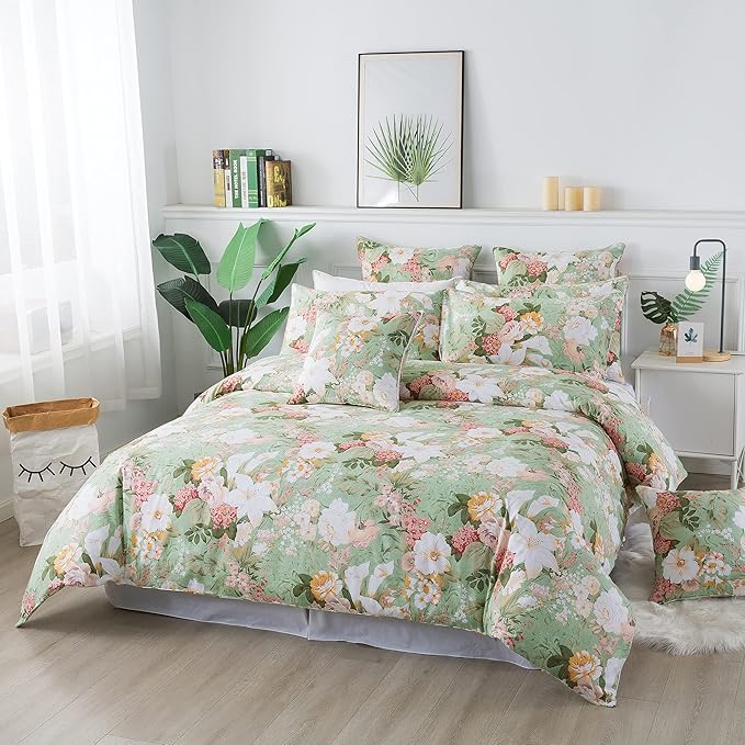 FADFAY Girls Floral Duvet Cover Set Twin 100% Cotton Bedding 600 TC Mint Green and White Flower Elegant Garden Lily Printed Comforter Cover Zipper Corner Ties Soft Bed Cover 3 Pcs