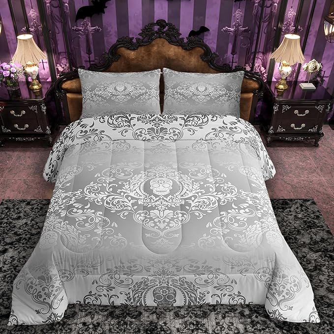 Feelyou Adults Silver Vintage Damask Floral Comforter Set Oriental Antique Comforter Queen Size Gothic Bohemia Boho Bedding Set Exotic Sugar Skull Duvet Set Quilt Set 3Pcs