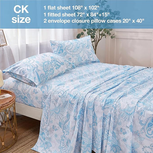 JSD Blue Paisley Sheet Set Cal King, 4 Piece Soft Floral Printed Microfiber Sheets Extra Deep Pocket
