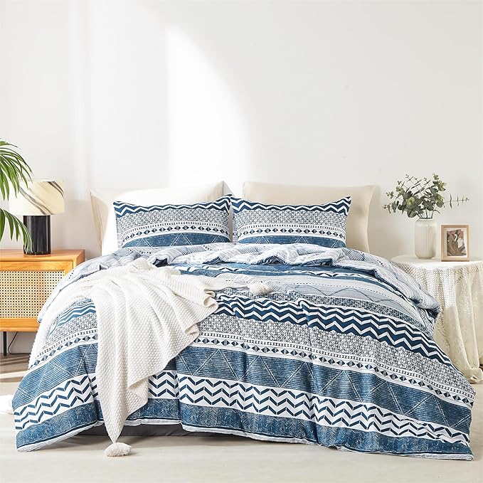 BOLINLIVING Twin Comforter Set Kids, Boho Stripe Comforter Set Twin Size, Twin Bed in a Bag Soft Bohomian Bedding Lightweight Breathable for All Seasons (Blue 66×90 inch)