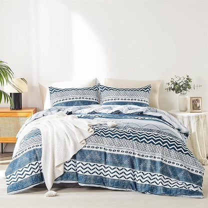 BOLINLIVING Twin Comforter Set Kids, Boho Stripe Comforter Set Twin Size, Twin Bed in a Bag Soft Bohomian Bedding Lightweight Breathable for All Seasons (Blue 66×90 inch)