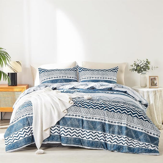 BOLINLIVING Comforter Set King Size, Boho Bed in a Bag 3 Pieces, Soft Bohomian Comforter Set, Lightweight Breathable for All Seasons,1 Comforter & 2 Pillowcases (Blue 104×90 inch)