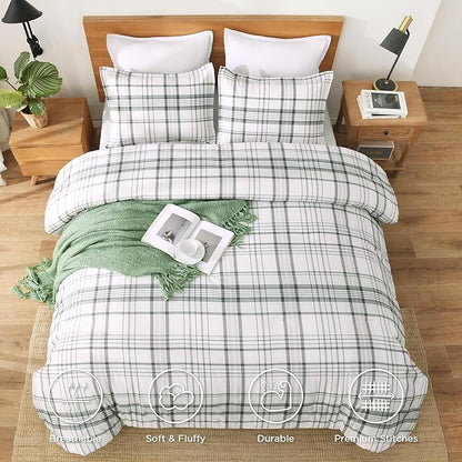Andency Green White Plaid Comforter Set Queen(90x90Inch), 3 Pieces Preppy Grid Gingham Stripes Bedding Comforter Sets for Boys Girls Kids, Green Line Soft Lightweight Geometric Reversible Bed Set