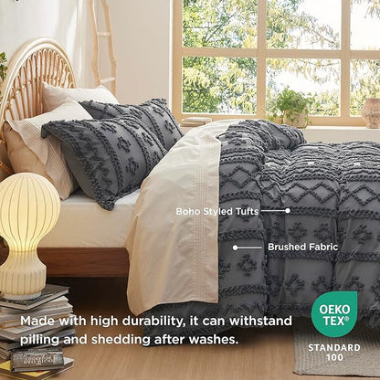 Bedsure Boho Duvet Cover Queen Size, Soft & Comfortable Elegant Design Boho Bedding for Decoration, Machine Washable Comforter Cover for All Seasons,Includes 1 Duvet Cover & 2 Pillow Shams,Dark Grey