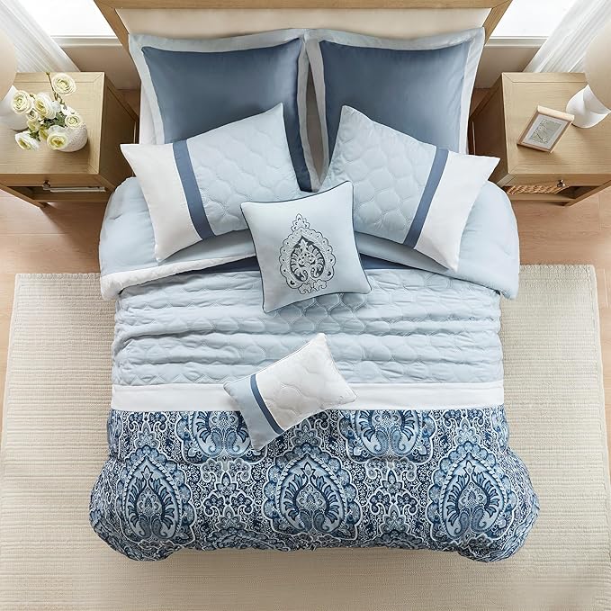 510 DESIGN Luxe Quilted Comforter Set Modern Transitional Design, All Season Down Alternative Warm Bedding Matching Shams, Bedskirt, Decorative Pillow, Cal King, Shawnee Scrollwork Blue