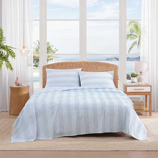 Tommy Bahama - Twin Sheet Set, Crisp & Cool Cotton Percale Bed Sheets, Deep Pockets, Striped Bedding with Matching Fitted Sheet & Pillowcase (Bahama Weekend Stripe Blue)