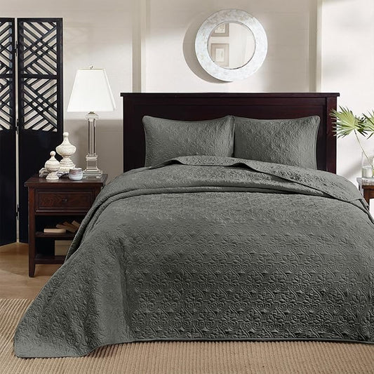 Madison Park Quebec Reversible Quilt Set Damask Design, Double Sided Stitching All Season, Lightweight Bedspread Bedding Set, Matching Sham, Dark Grey, Full(96"x110") 3 Piece
