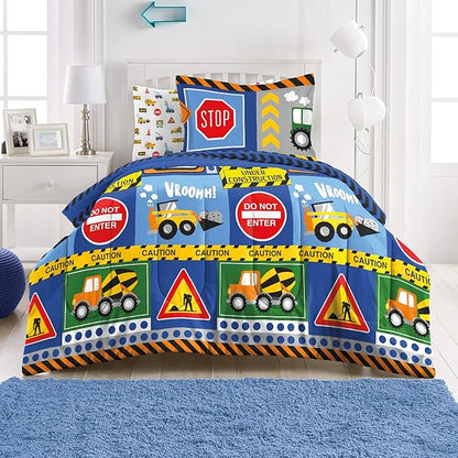 dream FACTORY Kids 5-Piece Complete Set Easy-Wash Super Soft Microfiber Comforter Bedding, Twin, Navy Blue Under Construction