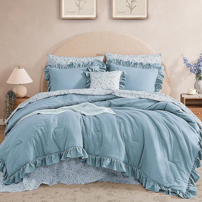 Twin XL Comforter Set - 5 Pieces Ruffle Blue Bedding Sets, Shabby Chic Farmhouse Bed in a Bag Twin XL with Ruffle Comforter, Floral Sheets, Pillowcases & Shams