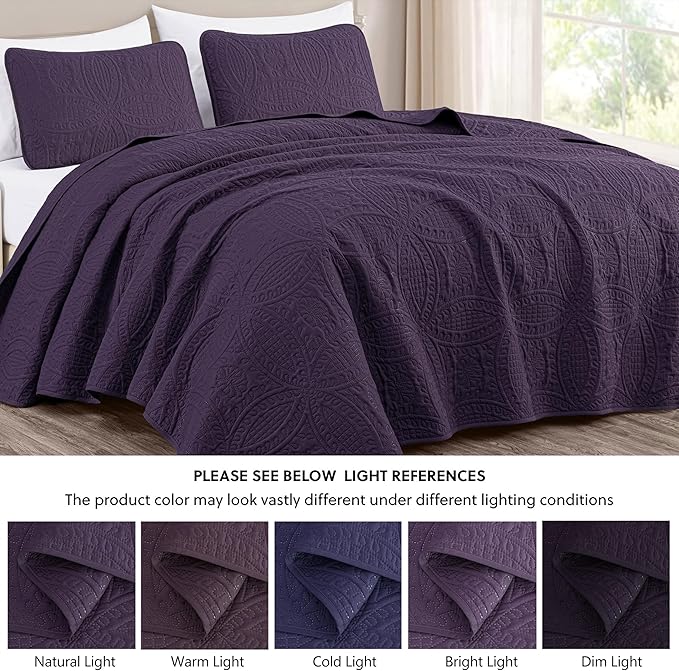 Chezmoi Collection Austin 3-piece Oversized Bedspread Coverlet Set (King, Purple) | Oversized, Lightweight, Fade Resistant
