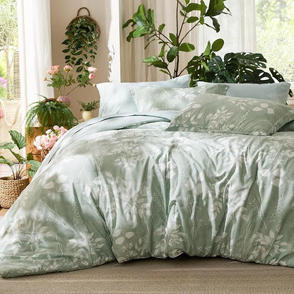 Bedsure Oversized Queen Comforter Set - 7 Pieces Floral Bedding Sets Sage Green Oversized Queen Bed in a Bag with Reversible Botanical Flowers Comforter, Sheets, Pillowcases & Shams