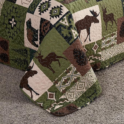 Ycosy Rustic Lodge Quilt Set Moose Elk Bedspread Twin Size Forest Bear Deer Quilt Matcha Green Reversible Festive Cabin Coverlets Farmhouse Decor Bed Cover Sets with 2 Pillow Shams