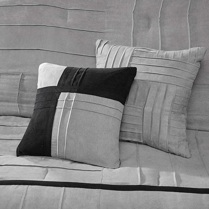 Madison Park Cozy Comforter Set Casual Blocks Design All Season, Matching Bed Skirt, Decorative Pillows, Queen(90"x90"), Dune Suede, Black Grey, 7 Piece