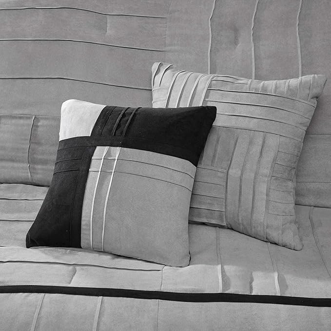 Madison Park Cozy Comforter Set Casual Blocks Design All Season, Matching Bed Skirt, Decorative Pillows, Cal King(104"x92"), Dune Suede, Black Grey, 7 Piece
