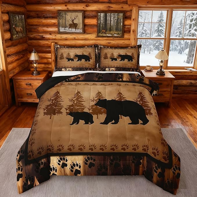 Feelyou Bear Comforter Set King Size Farmhouse Wild Animal Comforter Retro Cabin Lodge Bedding Set for Kids Boys Girls Brown Bear Paws Duvet Rustic Bedroom Decor Quilted 3Pcs