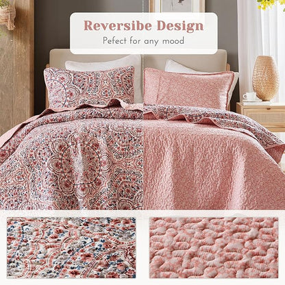Comfort Spaces Valerie Boho Quilt Set King Pink - Soft Lightweight Bedding with Watercolor Medallion Design, Reversible All Season Quilt for Master Bedroom or Guest Room