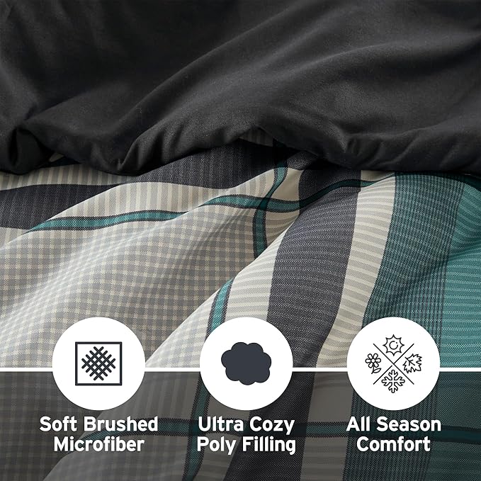 Intelligent Design Robbie 7-Piece Twin XL Comforter Set – Lightweight All-Season Plaid Bedding, Teal/Black, Cozy Bed-in-a-Bag with Matching Shams & Decorative Pillow, Modern Casual Style