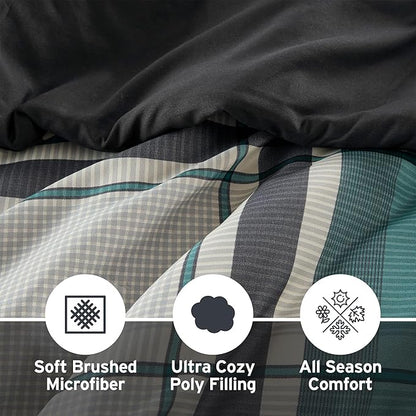 Intelligent Design Robbie 7-Piece Twin XL Comforter Set – Lightweight All-Season Plaid Bedding, Teal/Black, Cozy Bed-in-a-Bag with Matching Shams & Decorative Pillow, Modern Casual Style