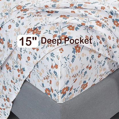 Softan Floral Twin Size Sheet Set, Orange Flower Printed Bed Sheets for Girls, 3-Piece Microfiber Single Fitted Sheet with 15" Deep Pocket & Non-Slip Straps, Patterned Bedding Sheets & Pillowcase Set