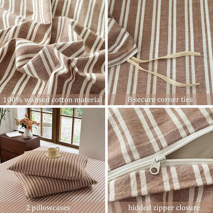 Striped Duvet Cover Set 100% Washed Cotton Linen Like Soft Feelling Breathable Bedding(Burnt Orange/White Strip,King)