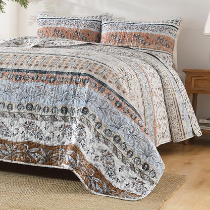 Boho Style King Quilt Set Mocha Brown Bohemian Floral Strip Quilt Beddding Set, Soft and Lightweight Bedspread for All Season, Oversize King Bed Coverlet with 2 Matching Pillow Shams (3 Pieces)
