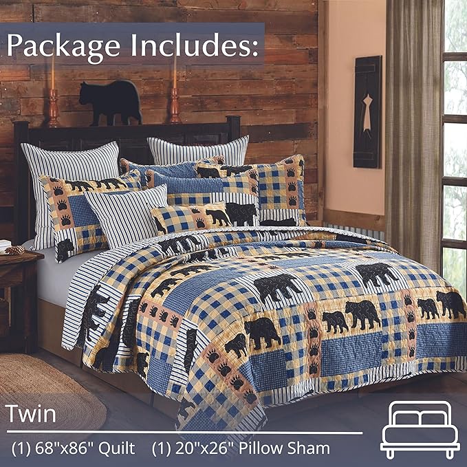 Virah Bella 2 Piece Twin Lodge Quilt Bedding Set - Black Bear Plaid - Rustic Cabin Country Reversible Camping Comforter Set with Decorative Pillow Shams, Blue/Black