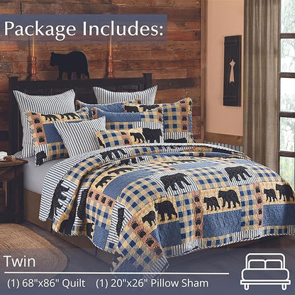 Virah Bella 2 Piece Twin Lodge Quilt Bedding Set - Black Bear Plaid - Rustic Cabin Country Reversible Camping Comforter Set with Decorative Pillow Shams, Blue/Black