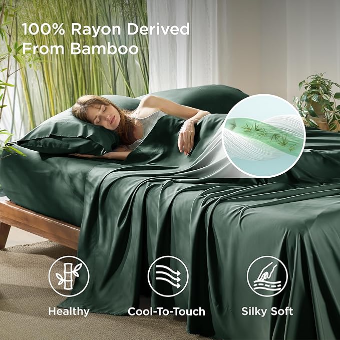 Bedsure King Size Sheets Set, Cooling Sheets for Hot Sleepers, Rayon Derived from Bamboo, PureWoven, Breathable & Soft, Deep Pocket Up to 16 Inches, Hotel Luxury Silky Bedding, Forest Green