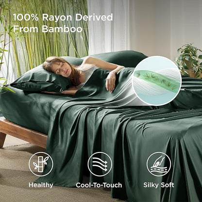 Bedsure King Size Sheets Set, Cooling Sheets for Hot Sleepers, Rayon Derived from Bamboo, PureWoven, Breathable & Soft, Deep Pocket Up to 16 Inches, Hotel Luxury Silky Bedding, Forest Green