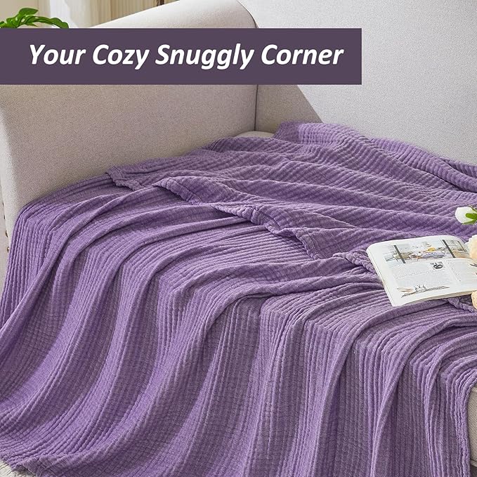 EMME Cotton Muslin Queen Blanket Bed Layering Bedspread Coverlet Breathable Gauze Soft Lightweight Adults (Heather Purple, 90"x90")