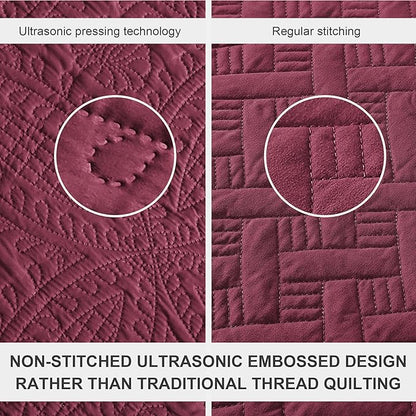 Love's cabin Oversized King Size Quilt Bedding Set Burgundy Bedspreads - Oversized King Lightweight Bedspread Comforter - Coin Pattern Coverlet for All Season - 3 Pieces (1 Quilt, 2 Pillow Shams)