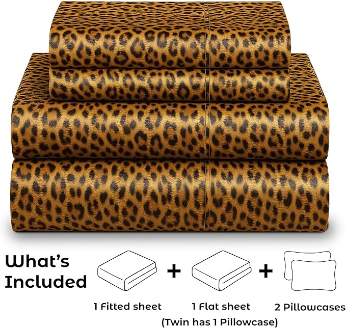 Satin Sheets King [4-Piece, Gold Leopard] Hotel Luxury Silky Bed Sheets - Extra Soft 1800 Microfiber Sheet Set, Wrinkle, Fade, Stain Resistant - Deep Pocket Fitted Sheet, Flat Sheet, Pillow Cases