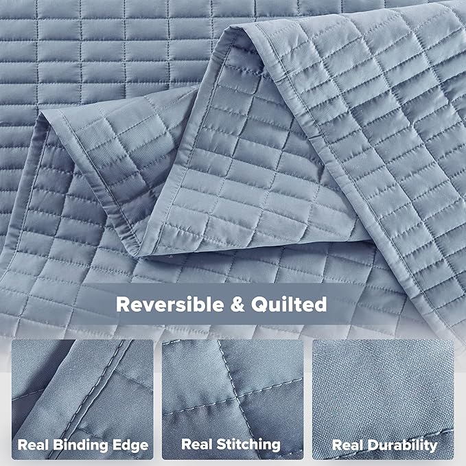 Comfort Spaces Kienna Quilt Set- Double Sided Stitching Design Summer Blanket, Lightweight, Soft, All Season Bedding Layer, Matching Sham, Blue, Coverlet Full/Queen(90"x90") 3 Piece