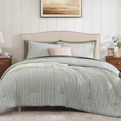King Comforter Set - 7 Pieces Green Gauze Muslin Bedding Sets for All Seasons, Lightweight Breathable Bed in a Bag King with Revesible Farmhouse Comforter, Sheets, Pillowcases & Shams