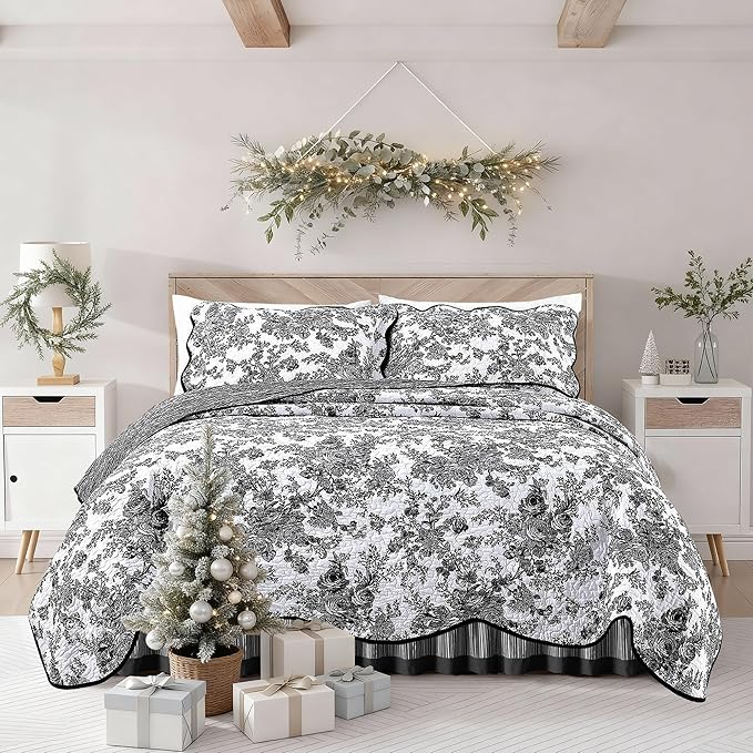 Wonderful 100% Cotton Black Floral Quilt Set Twin Size Bedding Sets with Pillow Sham and Bed Skirt, 3 Pieces Floral Bedspread Coverlet Set, Quilted Blanket Bed Cover for All Season, 66"x86"