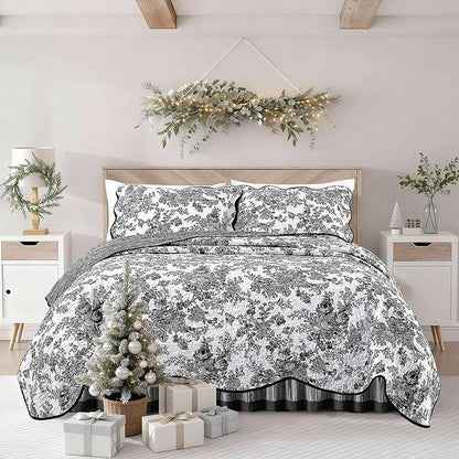 Wonderful 100% Cotton Black Floral Quilt Set Twin Size Bedding Sets with Pillow Sham and Bed Skirt, 3 Pieces Floral Bedspread Coverlet Set, Quilted Blanket Bed Cover for All Season, 66"x86"