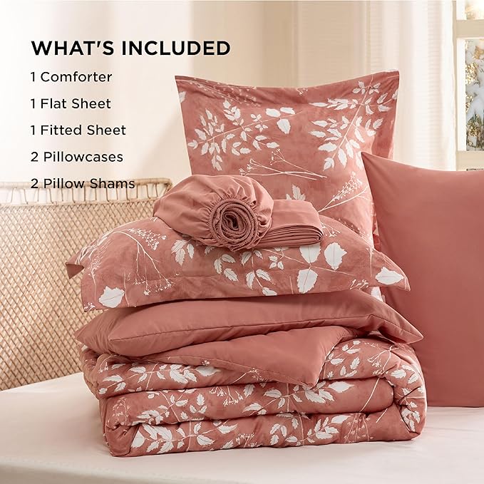 Bedsure Dusty Pink Full Comforter Set - 7 Pieces Floral Bedding Sets, Full Bed in a Bag with Reversible Botanical Flowers Comforter, Sheets, Pillowcases & Shams