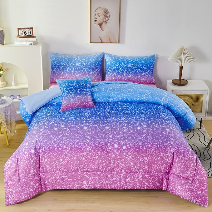 RYNGHIPY 6Pcs Sparkle Gradient Glitter Comforter Sets, Ombre Indigo Pink Gradient Bedding Set for Boys Girls, Rainbow Bed in A Bag Full Size