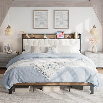 LIKIMIO California King Bed Frames, Storage Headboard with Charging Station, Solid and Stable, Noise Free, No Box Spring Needed, Easy Assembly, Wood and Cream