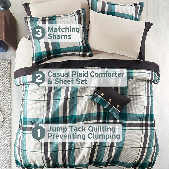Intelligent Design Robbie 9-Piece Twin Comforter Set – Lightweight All-Season Plaid Bedding, Teal/Black, Cozy Bed-in-a-Bag with Matching Shams & Decorative Pillow, Modern Casual Style