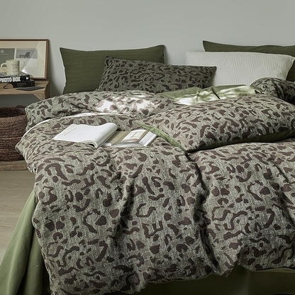 mixinni Leopard Duvet Cover Full Size, Premium Yarn-Dyed Jacquard Cotton Duvet Cover with Green Leopard Print, Farmhouse Bedding Set with 2 Pillowcases Perfect for Him and Her-(Full Size, Green)