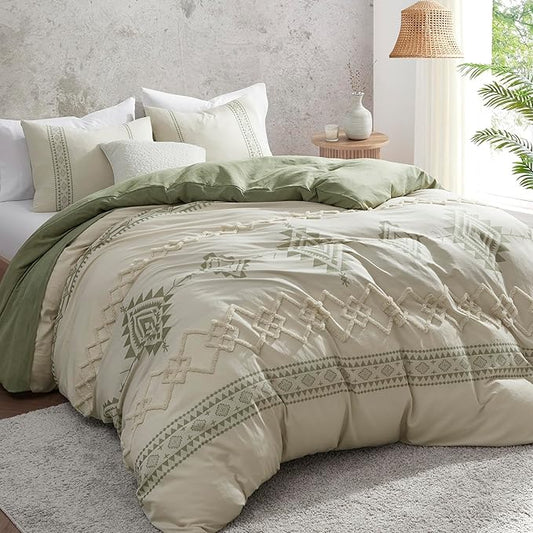 Oli Anderson Boho Duvet Cover Set Twin Size, Beige and Sage Green Color Clash 2 Pieces Microfiber Bedding Set, Durable and Super Soft Duvet Covers with Zipper and Ties, 68"*90"